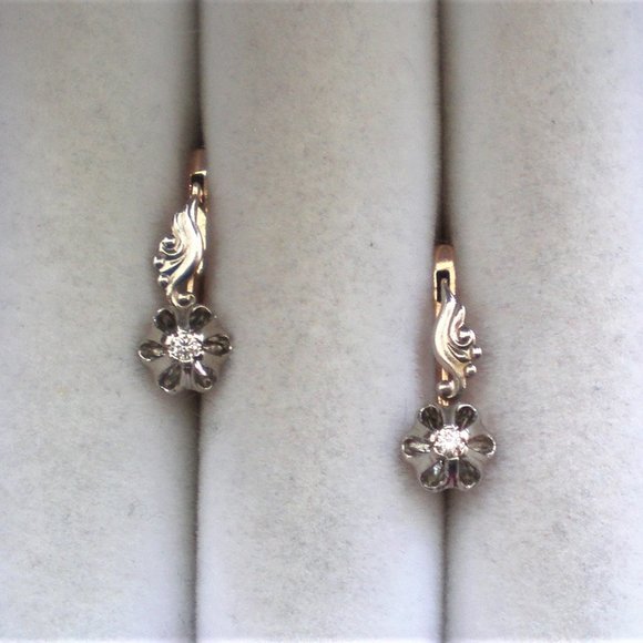 Vintage Soviet USSR 14K 583 Rose Pink White Gold Diamond Buttercup Earrings - Picture 5 of 7